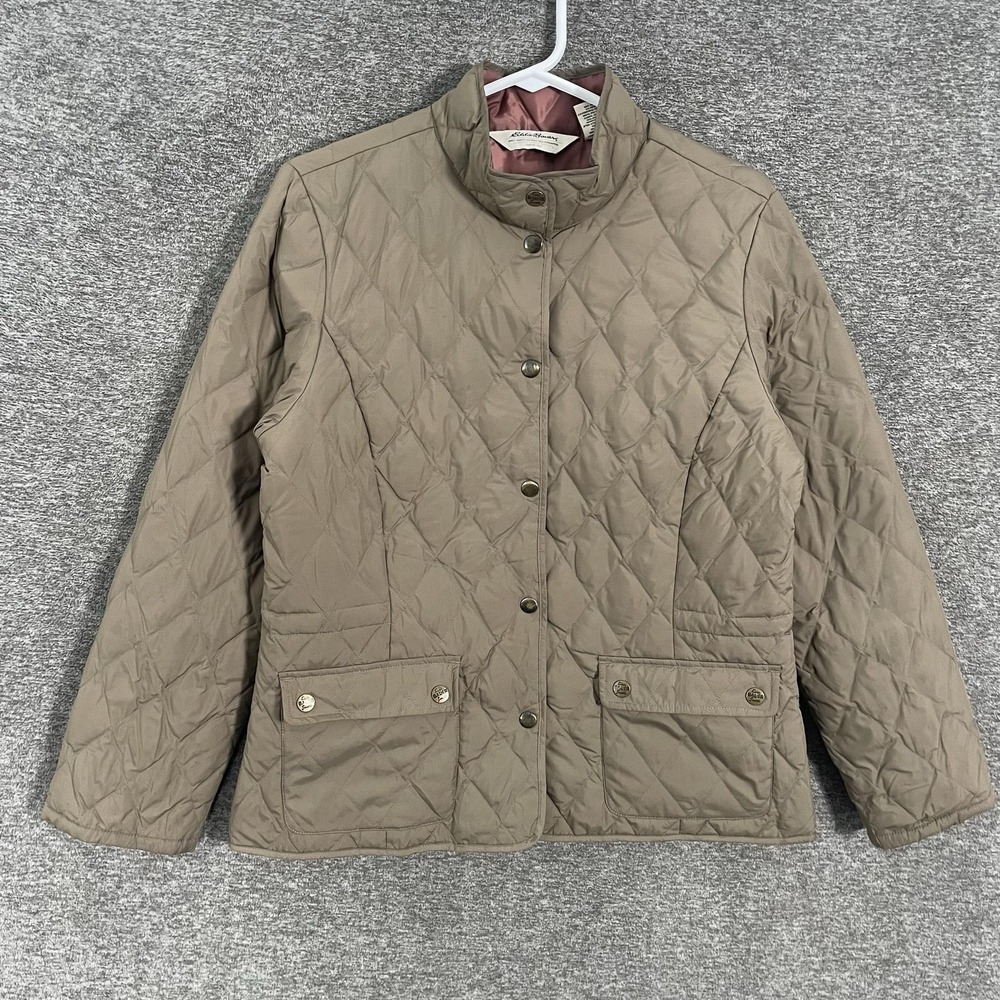 Eddie Bauer Jacket Womens Medium Brown Quilted Goose Down Snap Front Short
